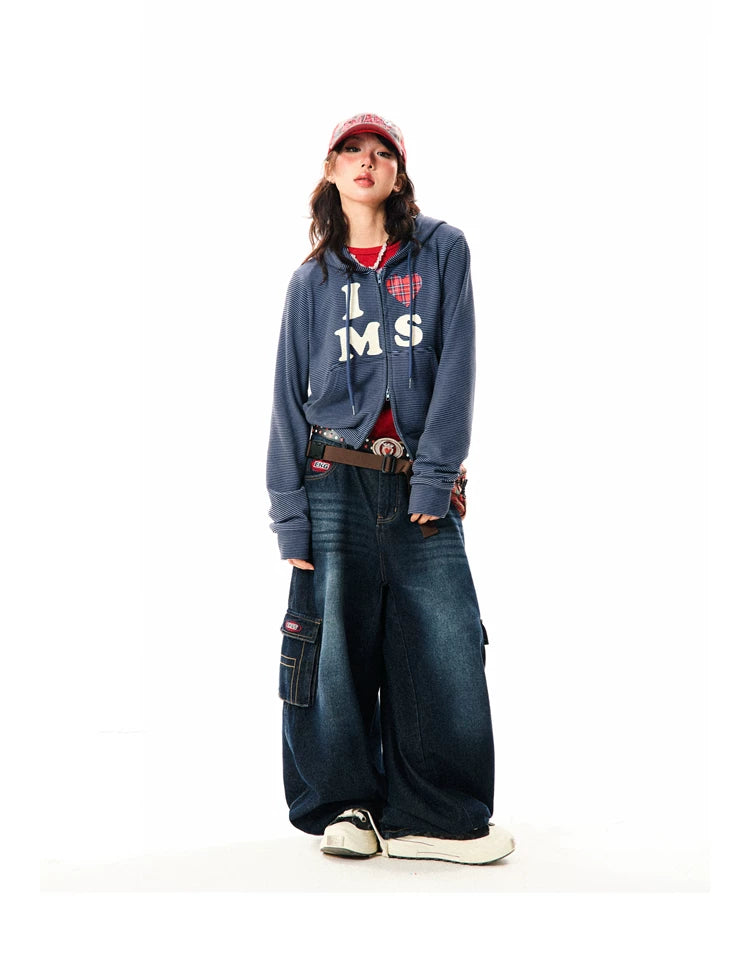 Heart Letter Print Stripe Cropped Zipper Hoodie