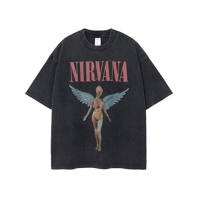 T-shirt rétro à manches courtes imprimé Nirvana