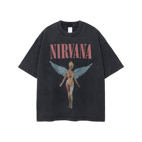 Nirvana bedrucktes Retro-T-Shirt mit kurzen Ärmeln - M / Retro Schwarz