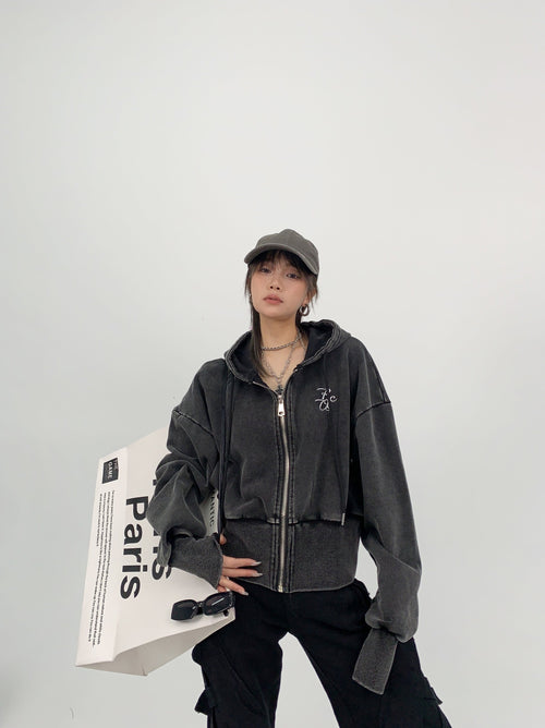 Sudadera corta con cremallera y logotipo bordado - Negro / M