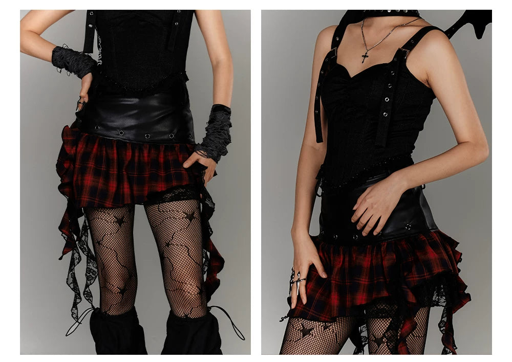 Plaid Ruffle Asymmetrical Short Skirt