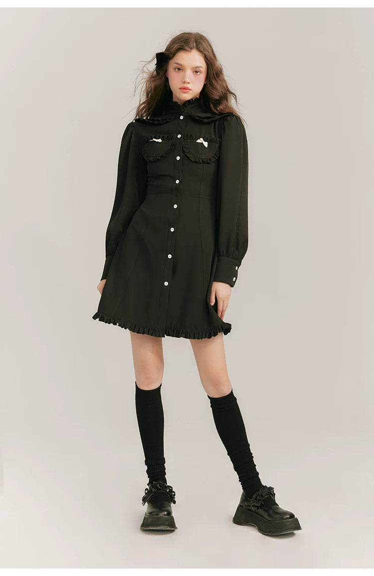 Double Neck Long Sleeve Shirt Dress
