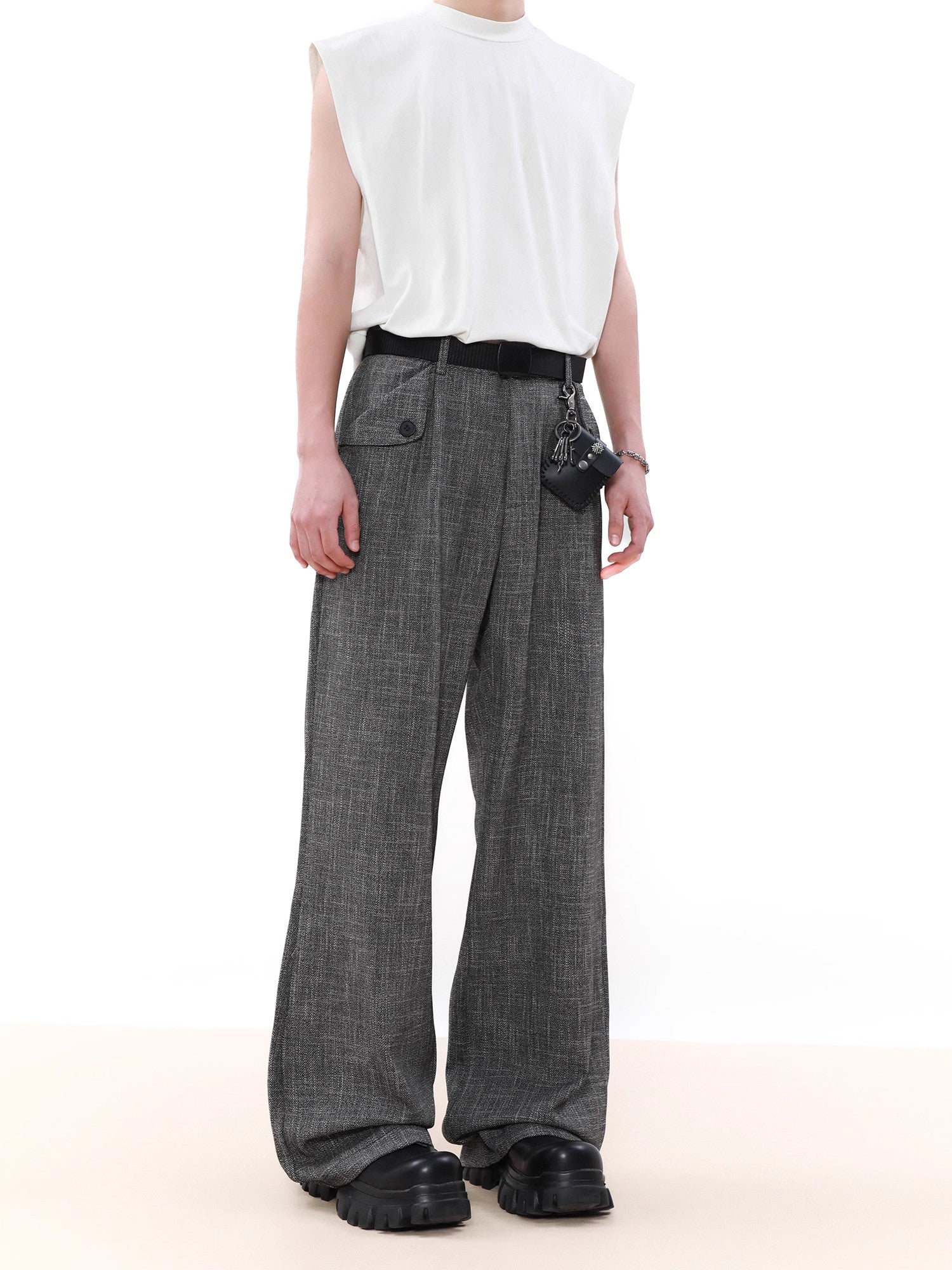 Flip Pocket Design Wide-Leg Straight Trousers