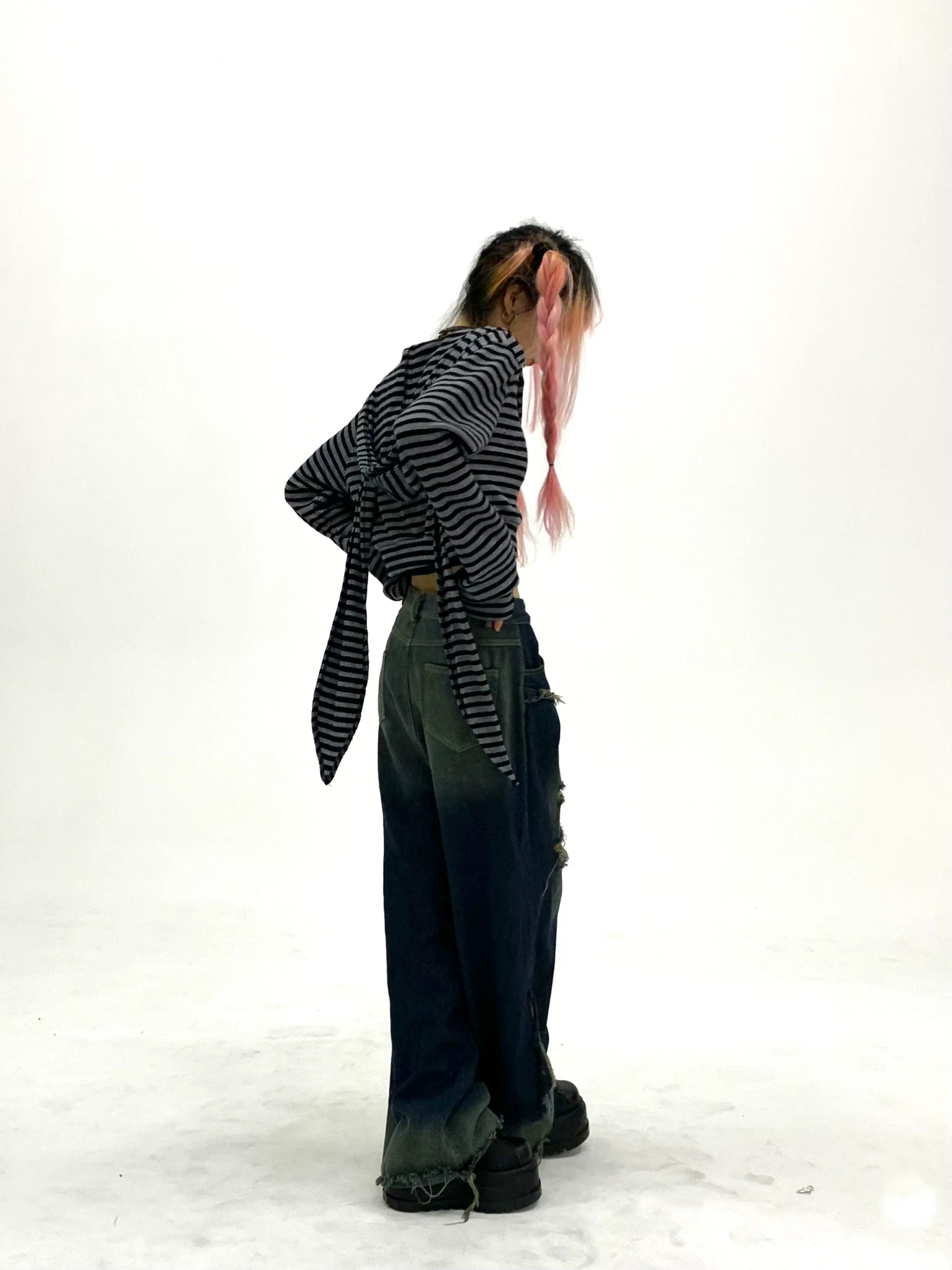 Striped Rabbit Ear Oversize Zipper Jacket & Zipper Coat