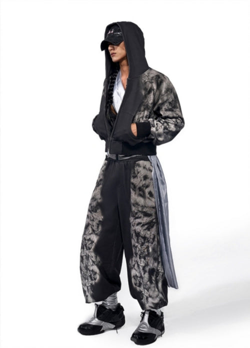 Leopard Print Short Hoodie & Sweatpants & Half Sweatpants Setup - Black / M / jacket