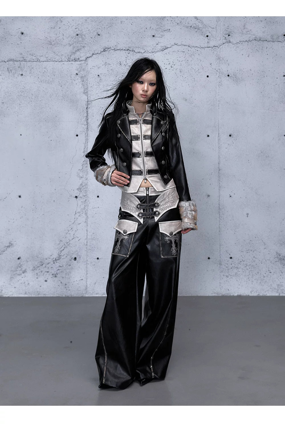Lace Panel Buckle Detail Wide Leg PU Leather Pants