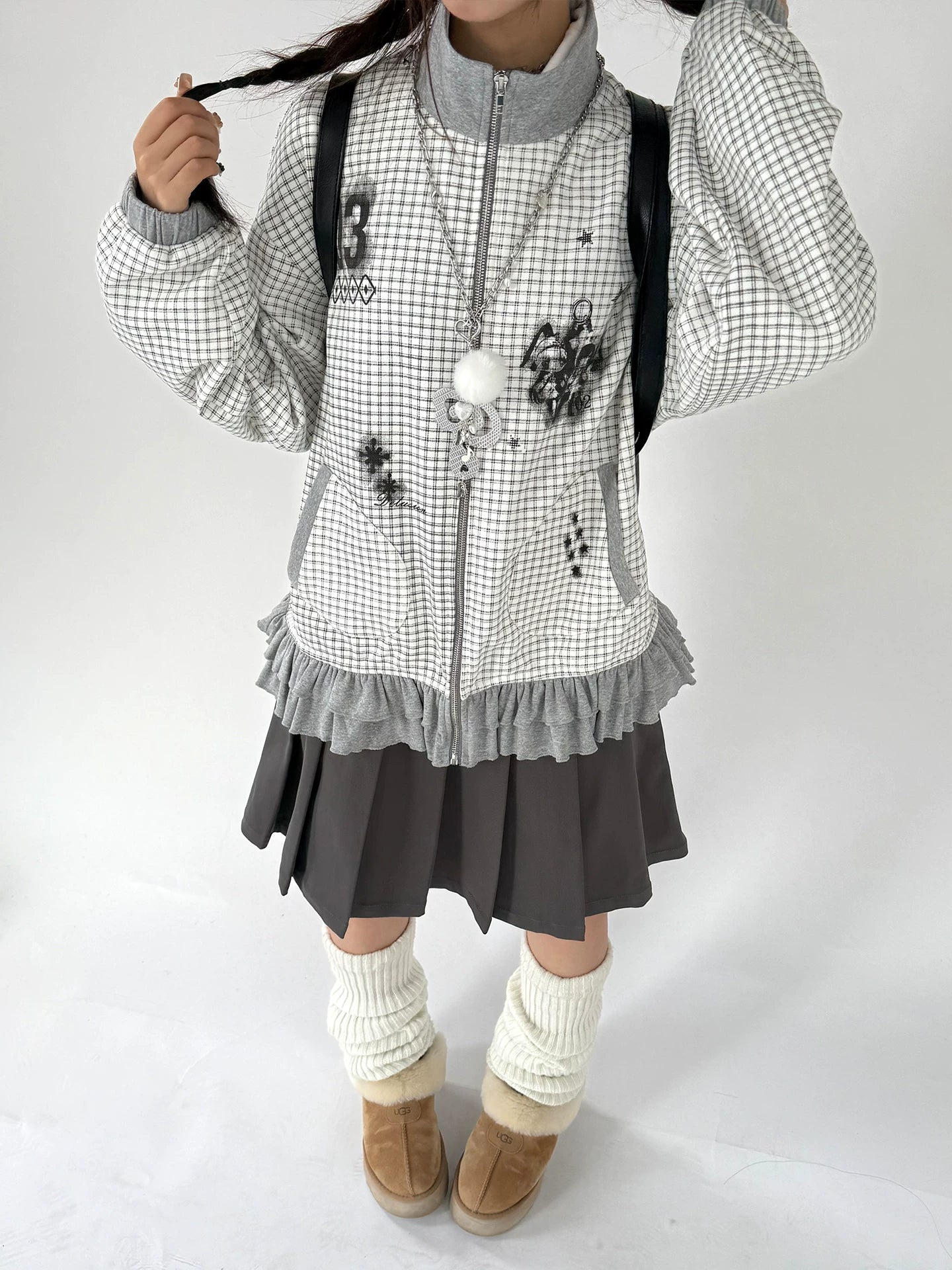 Checkered Ruffle Hem Oversize Zipper Hoodie