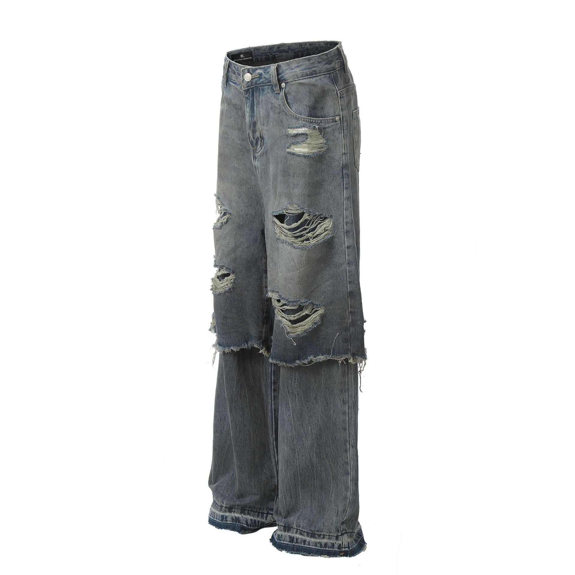 Fake Layered Damage Wide Leg Denim Jeans