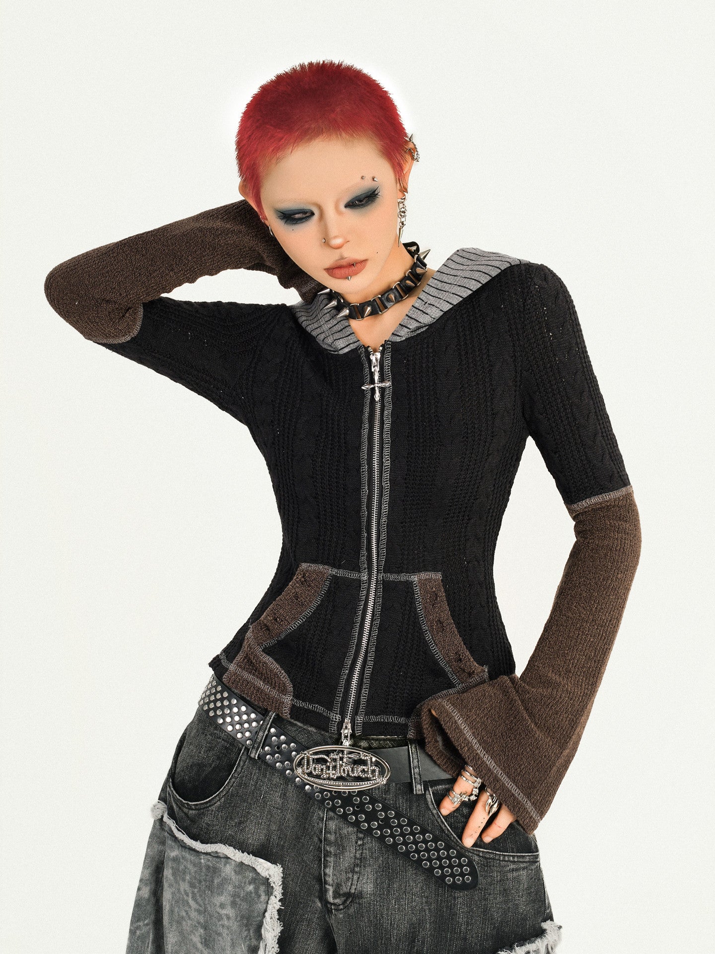 Hooded Zipper Fitted Knit Cardigan