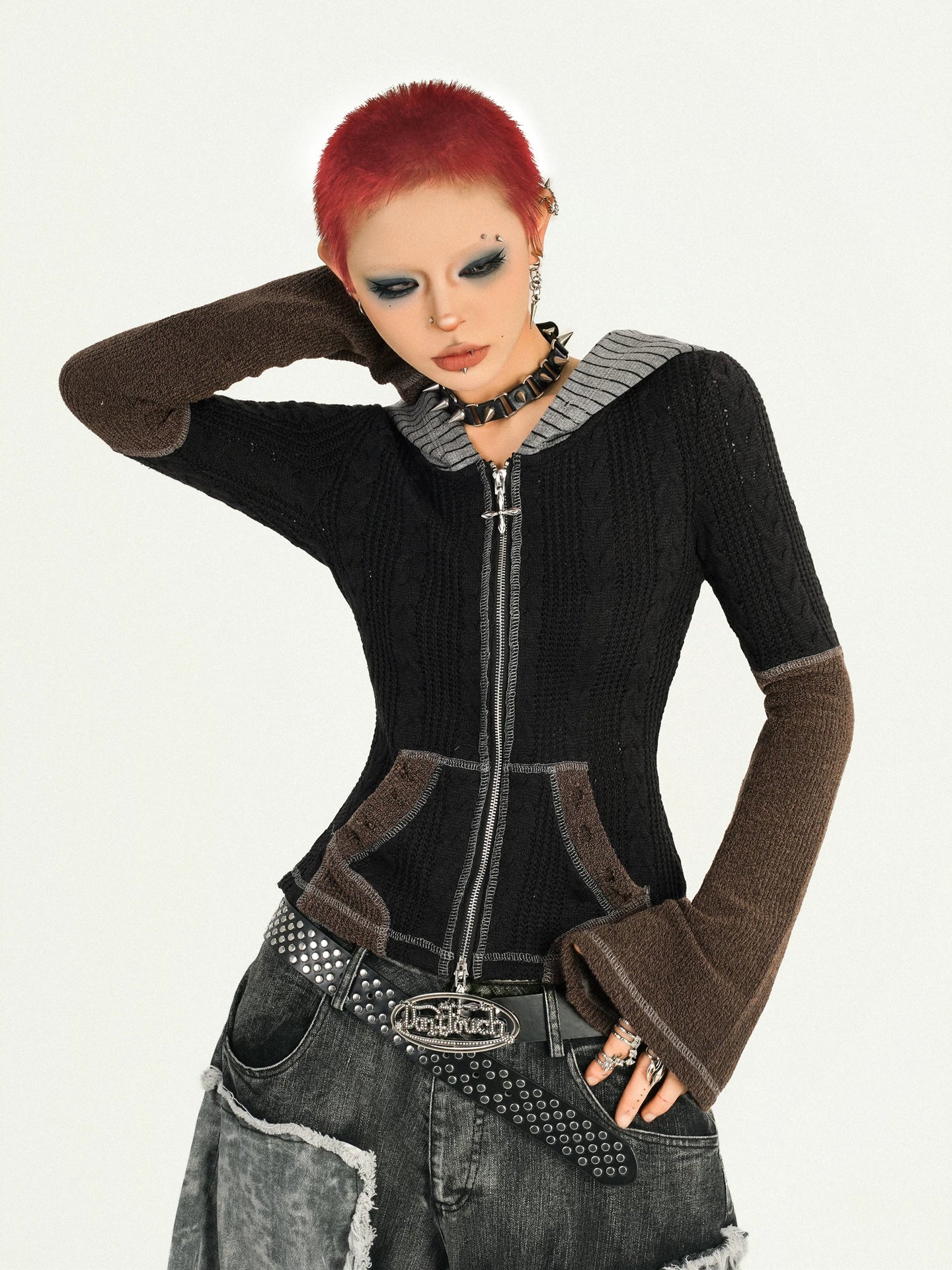 Hooded Zipper Fitted Knit Cardigan