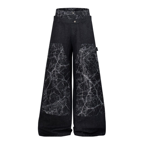 Calça Jeans Wide Leg com Cós Duplo e Estampa Marmorizada - Preto / M