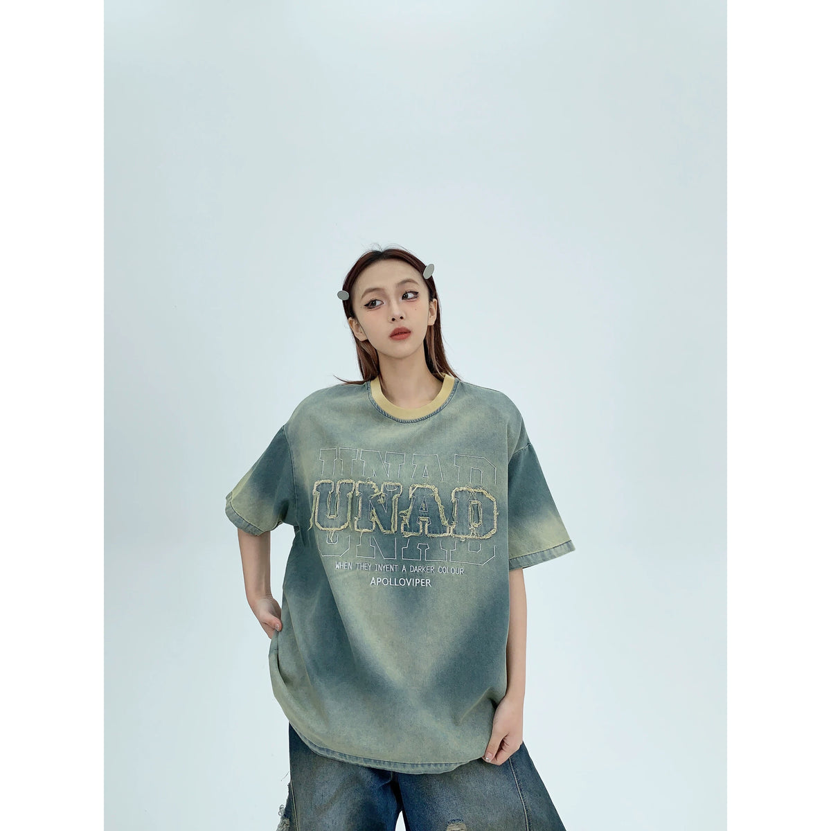Patch Embroidery Oversized Denim Short Sleeve T-Shirt