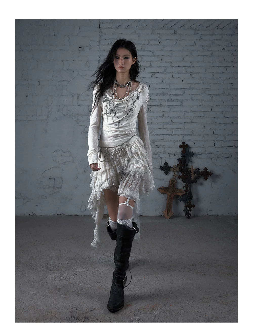 Lace Hooded Asymmetric Ruffle Dress