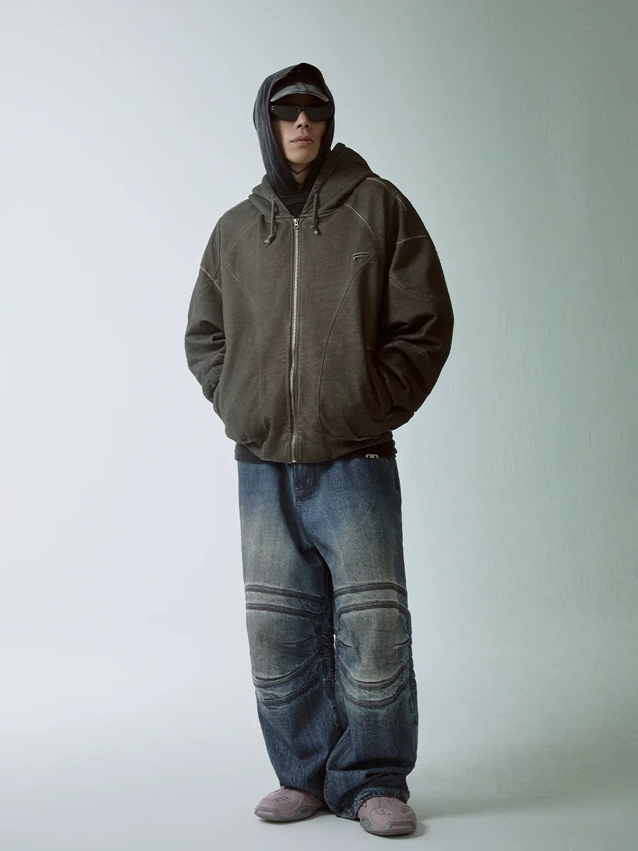 Oversize-Kapuzenjacke mit Reißverschluss und gewaschenem Fleecefutter