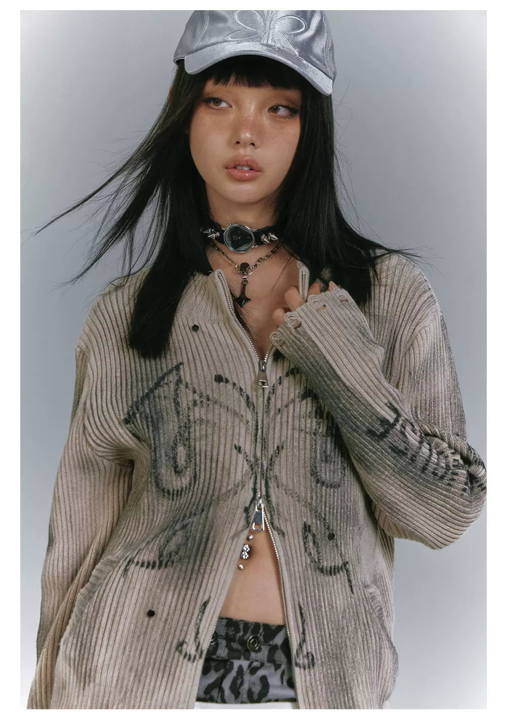 Washed Damage Graffiti Design Oversize Knit Cardigan