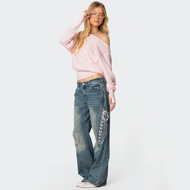 Lace-up Low-rise Straight-Leg Jeans
