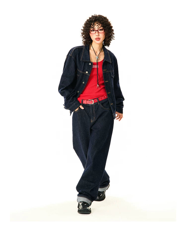 Button Oversize Denim Jacket & Wide Leg Denim Jeans Setup