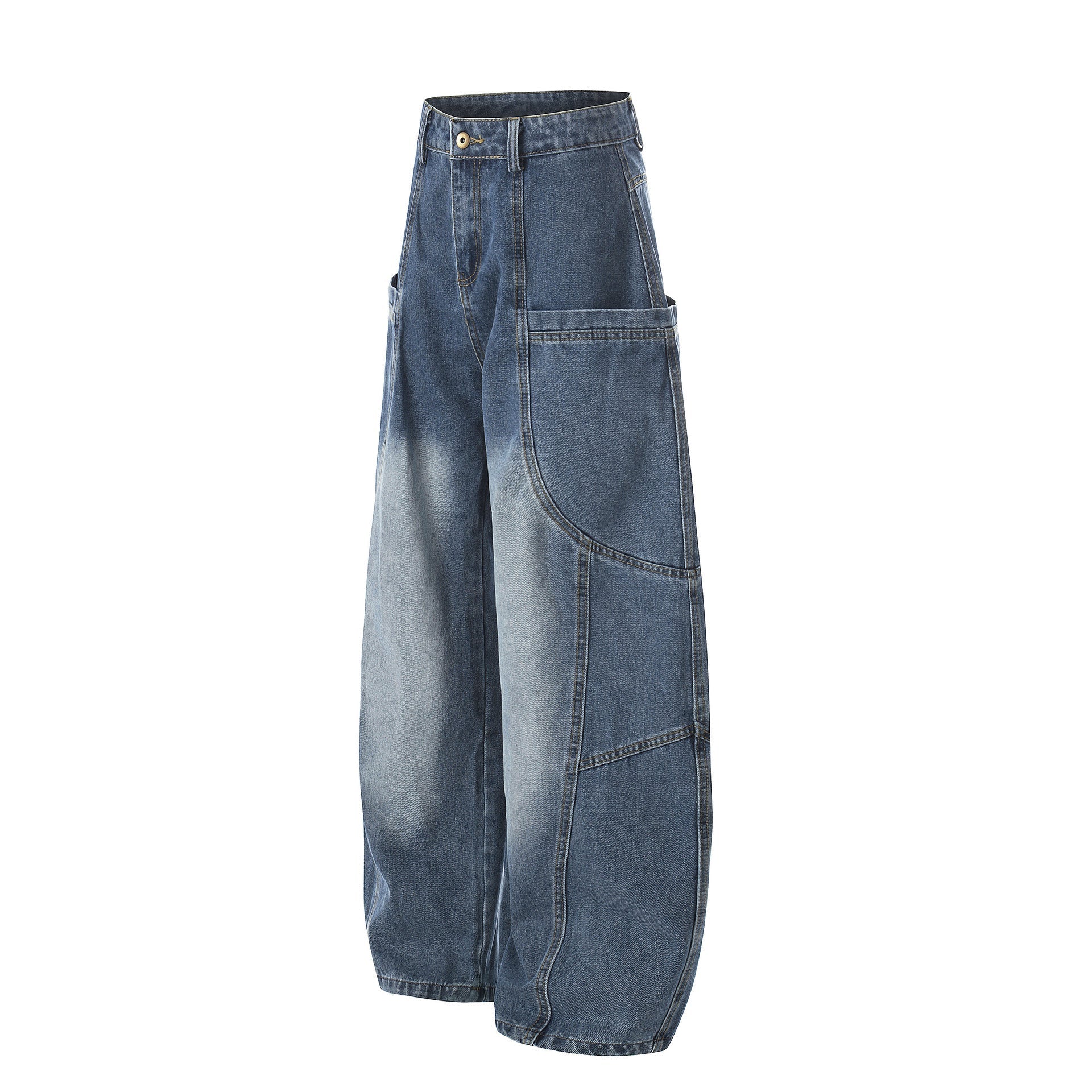 Curved Wide Leg Patchwork Denim Jeans