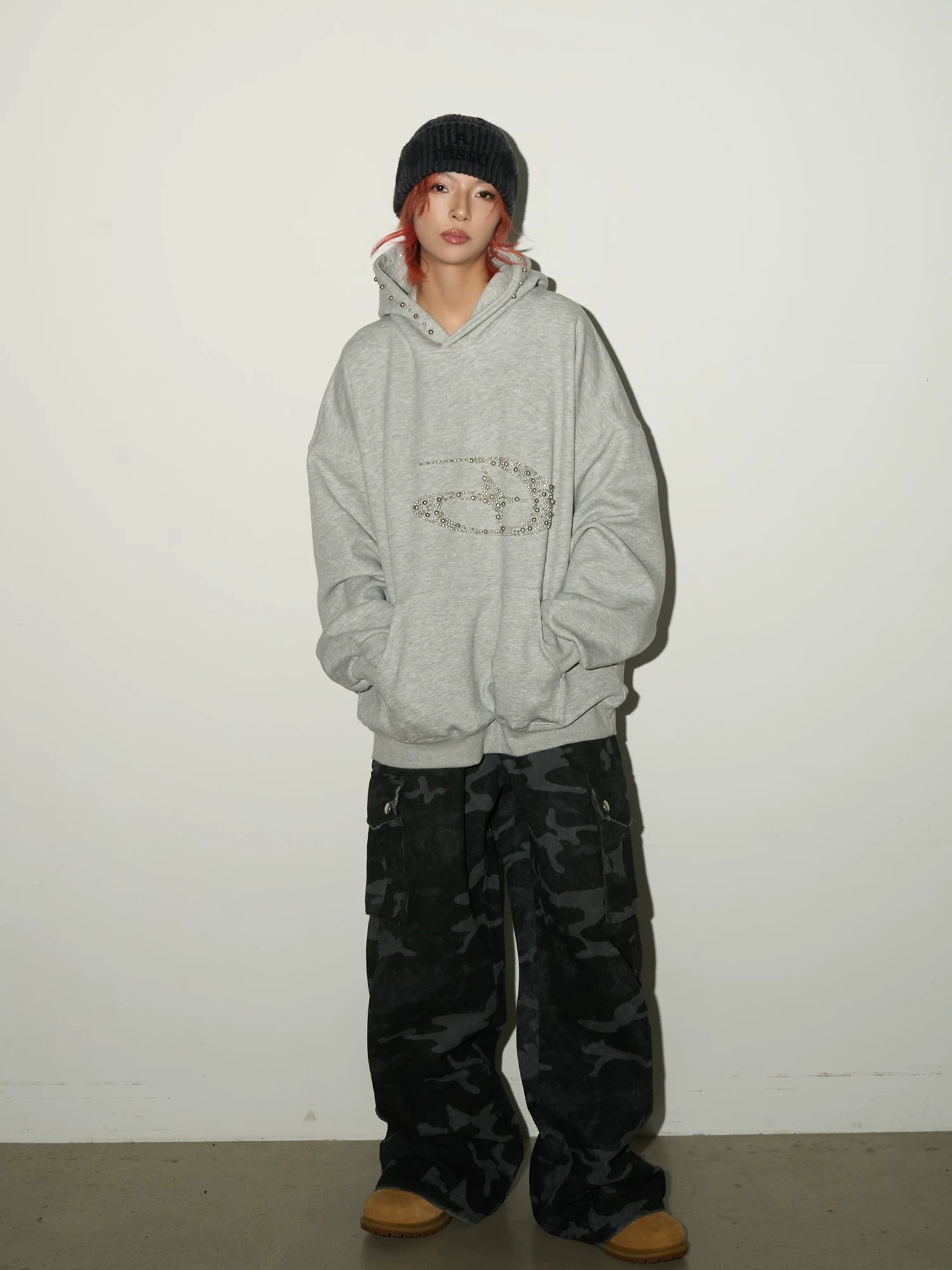 Studded Beaded Design Oversize Pullover Hoodie