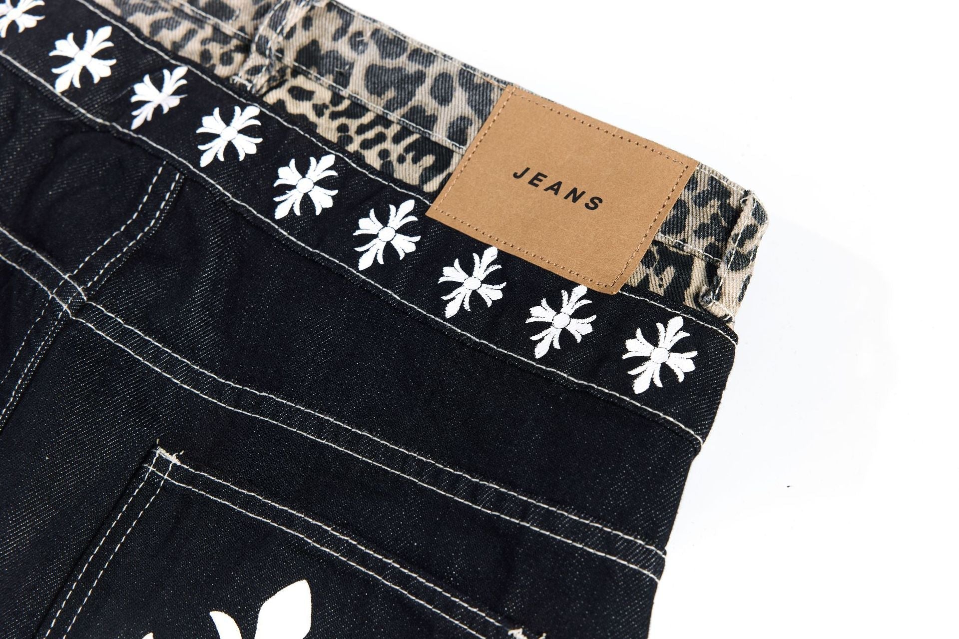 Color Block Embroidery Wide Leg Curved Denim Jeans