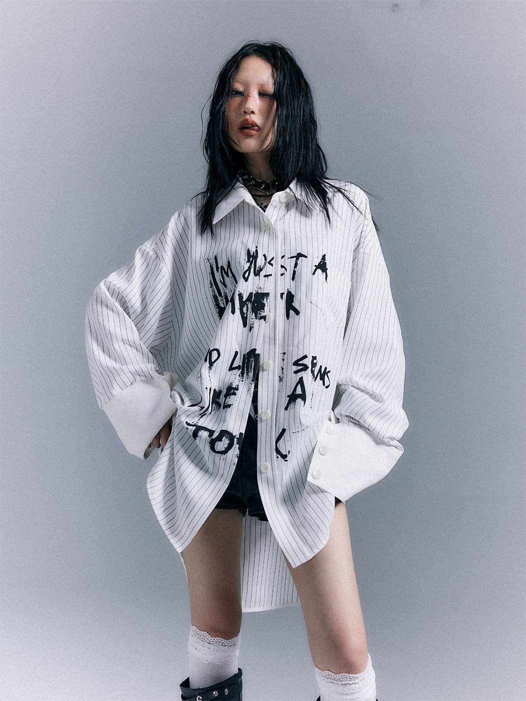Graffiti Print Stripe Oversize Long Sleeve Shirt