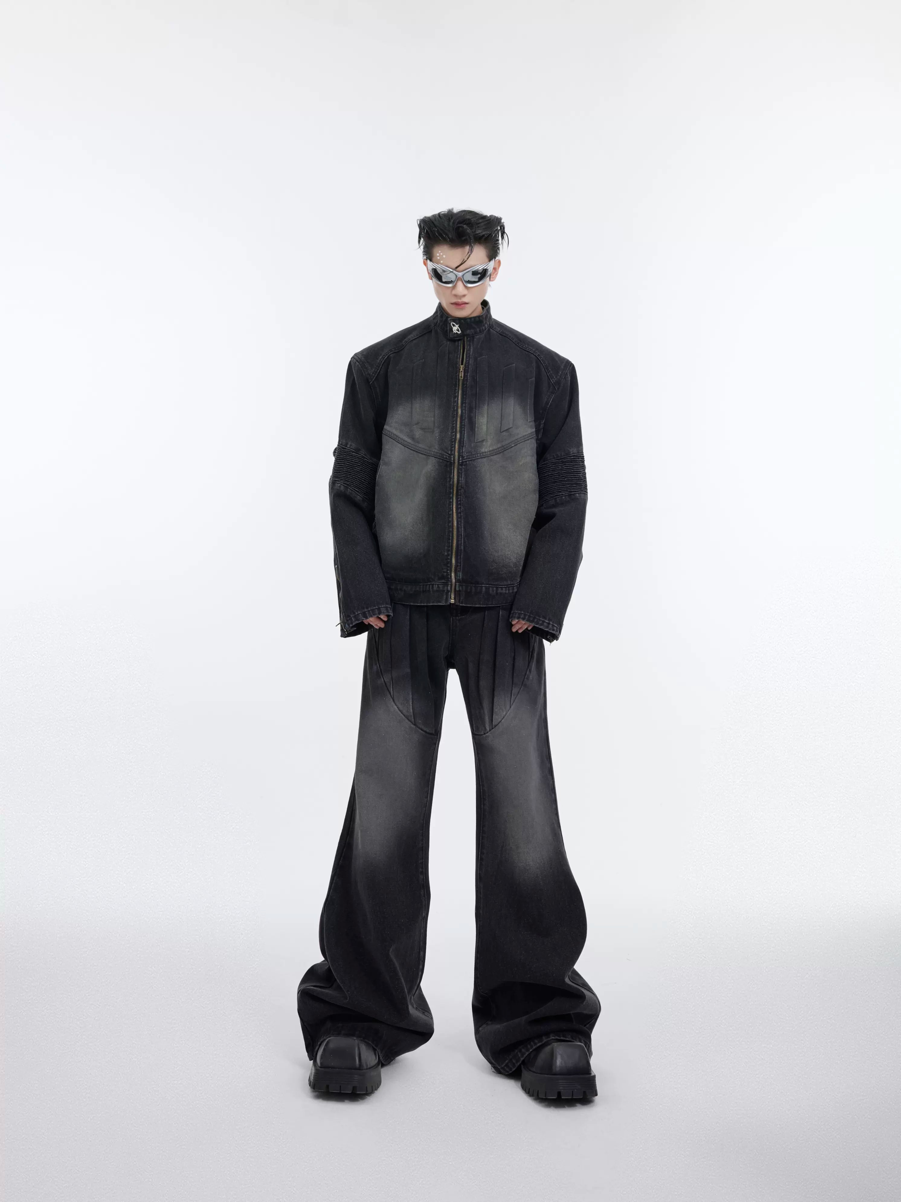 Washed Standing-collar Denim Jacket & Wide-leg Denim Jeans Setup