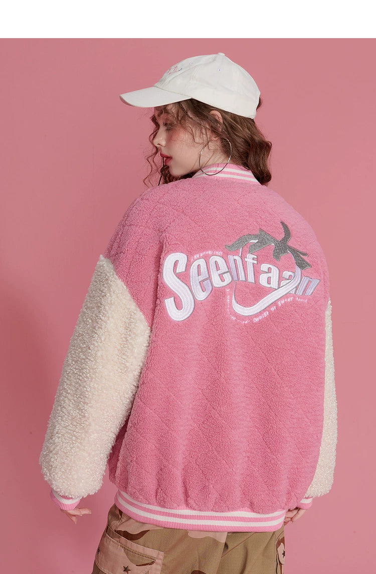 Colorblock Embroidery Fleece-Lined Baseball Jacket