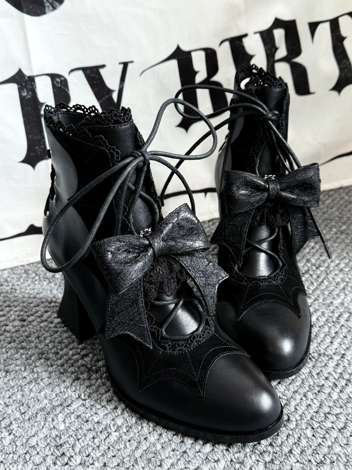 Lace Bow Purple Spider Web Ankle Boots
