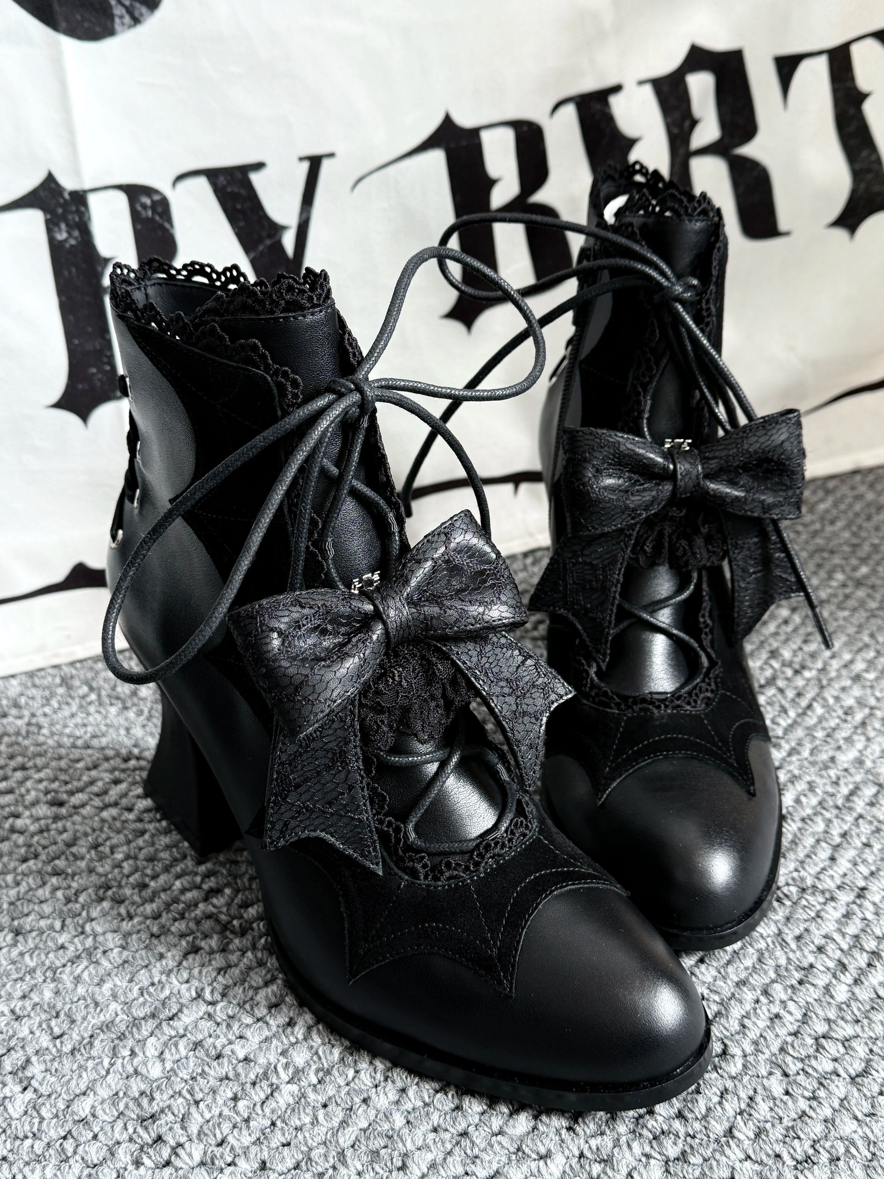 Lace Bow Purple Spider Web Ankle Boots