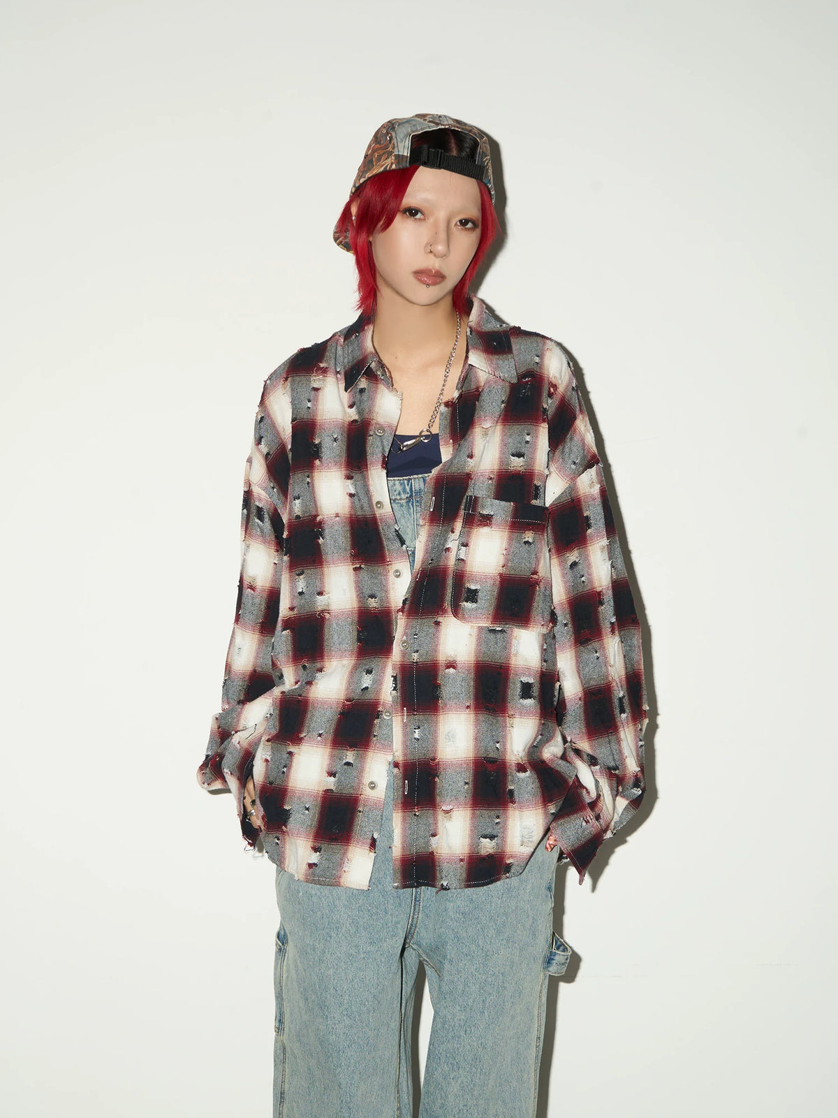 Ripped Plaid Oversize Long Sleeve Shirt