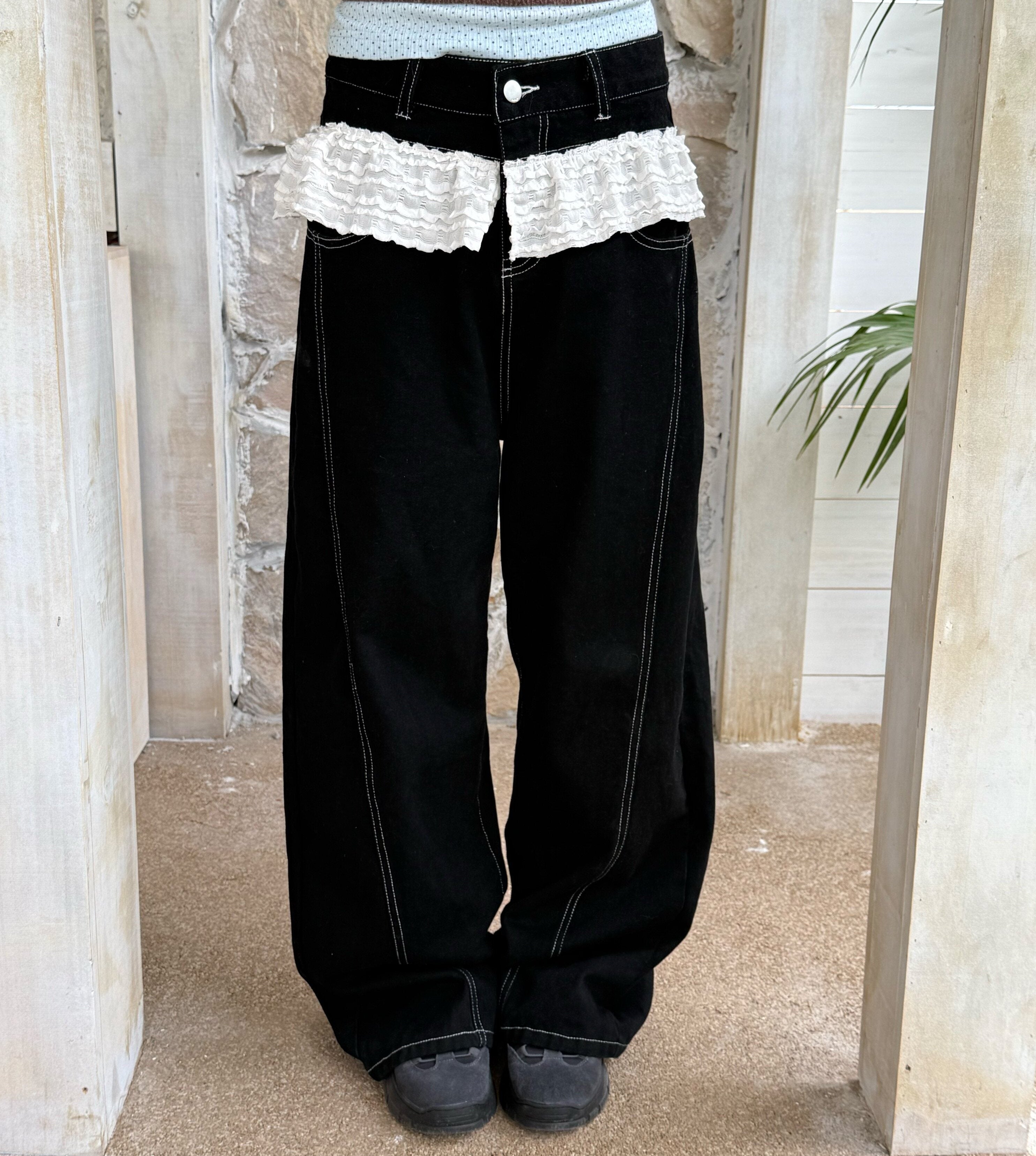 Lace Panel Low Rise Straight Denim Jeans
