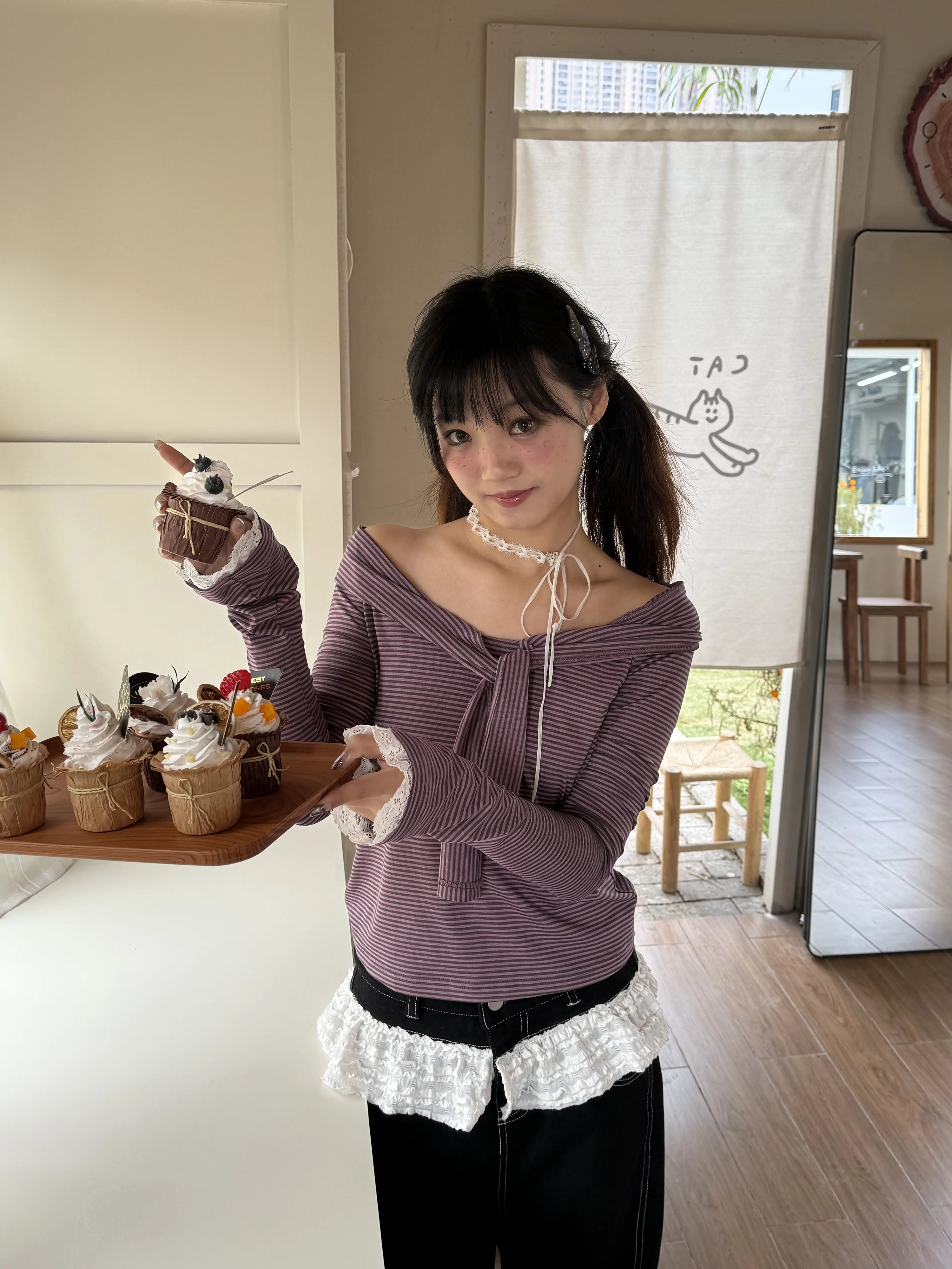Striped Lace Trim Tie Detail Long Sleeve T-Shirt