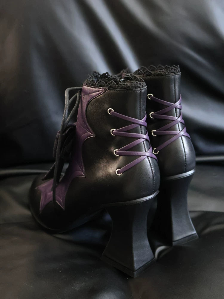 Lace Bow Purple Spider Web Ankle Boots