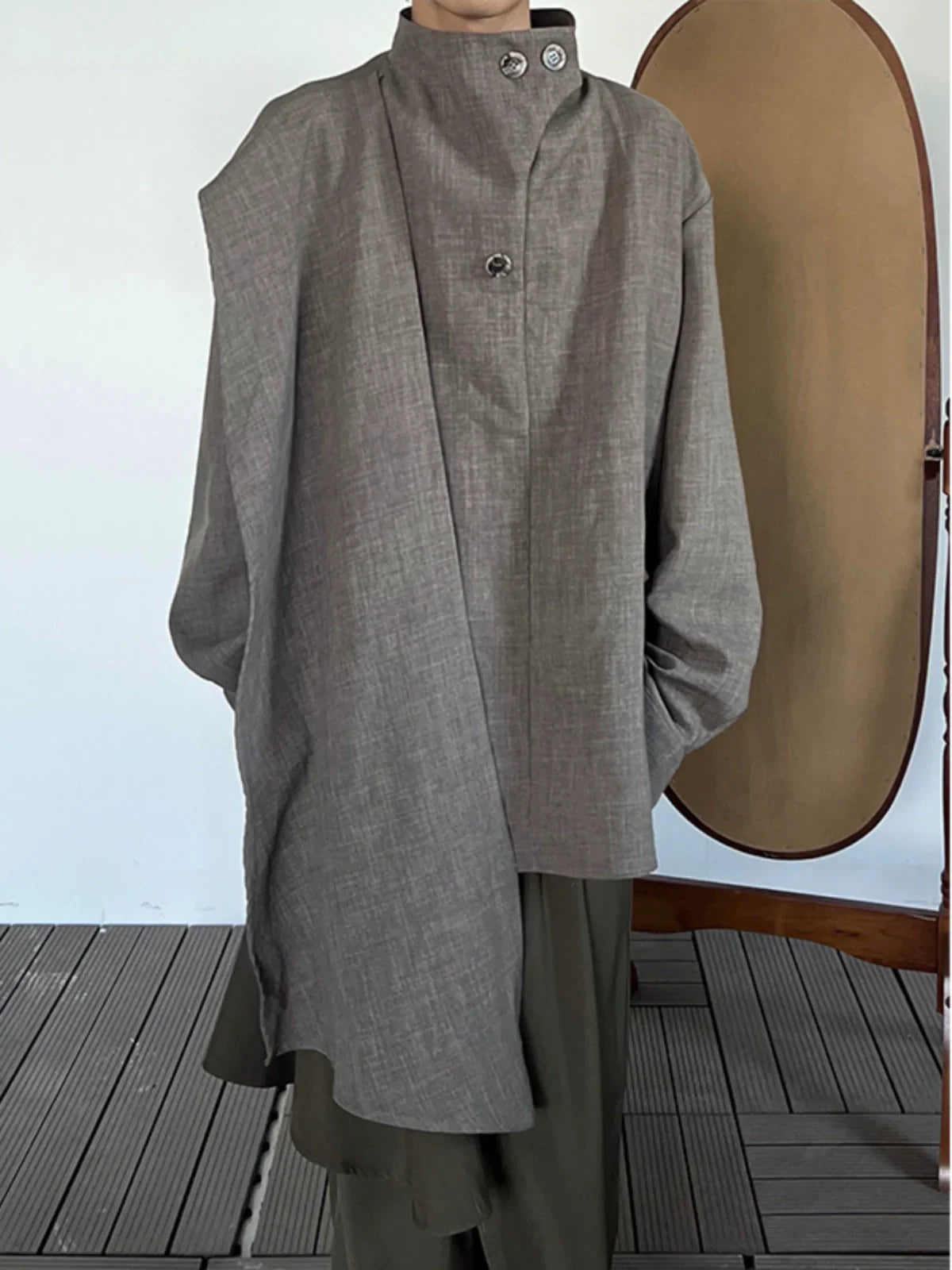 Stand Neck Scarf-Tie Long Sleeve Shirt