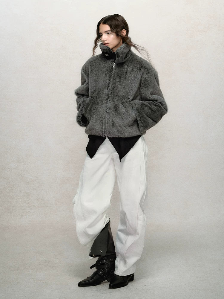 Reversible Short Fake Fur Zipper Jacket
