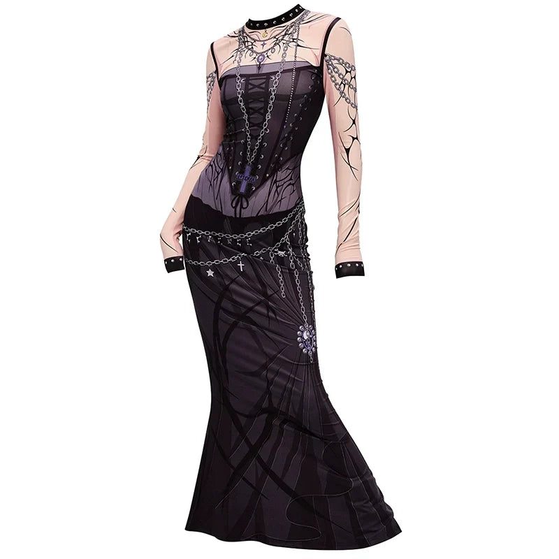Vestido de sirena de manga larga con estampado de grafiti