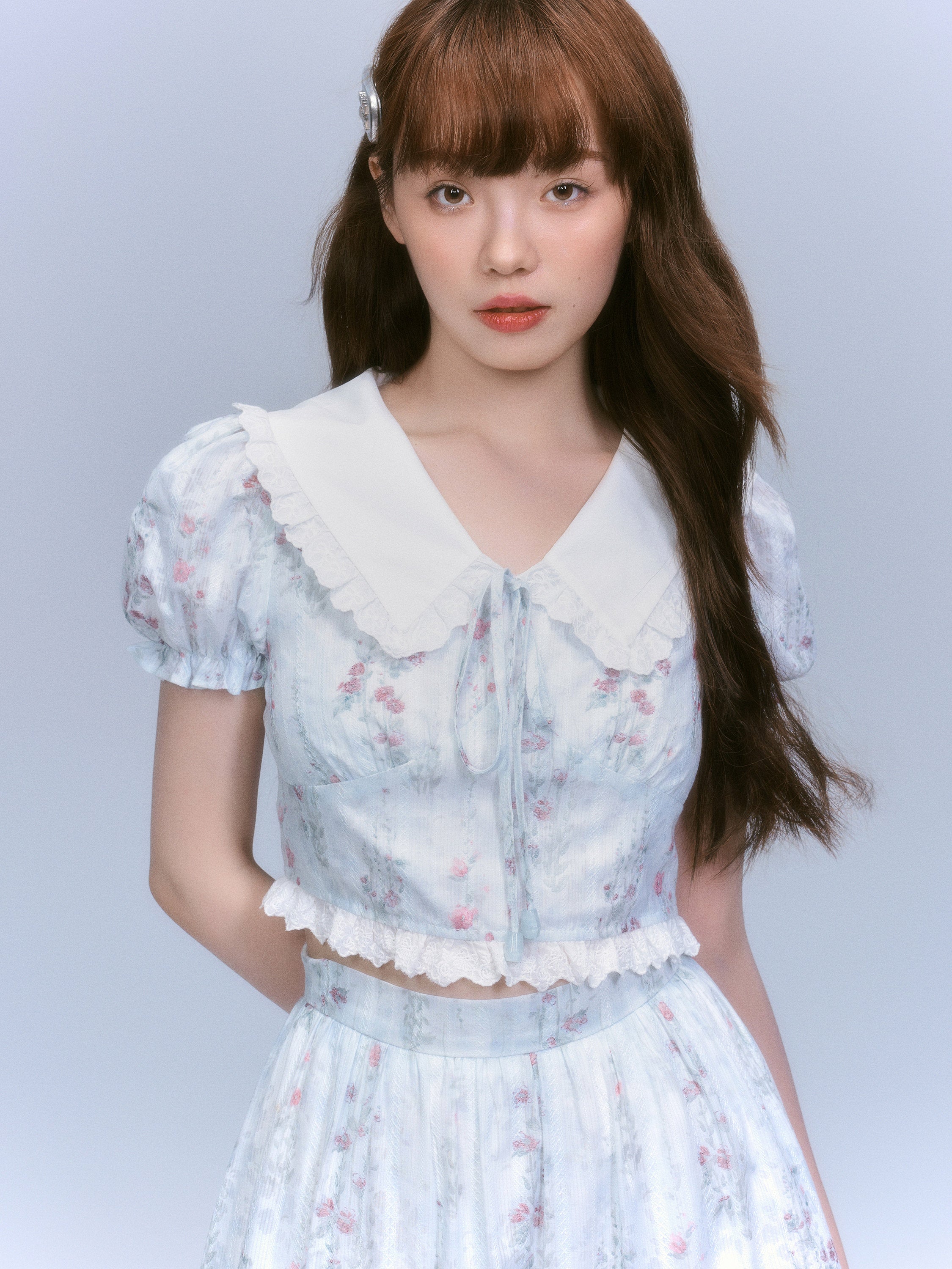 Floral-Print Blouse & Lace Trim Flared Skirt Setup