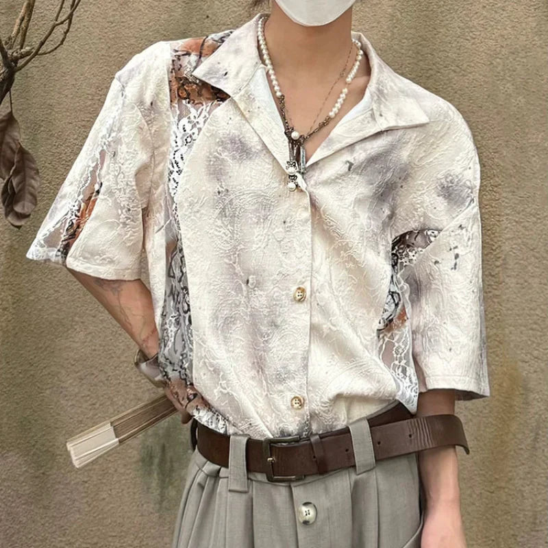 Chinese Style Jacquard Hollow Texture Stand Neck Short Sleeve Shirt