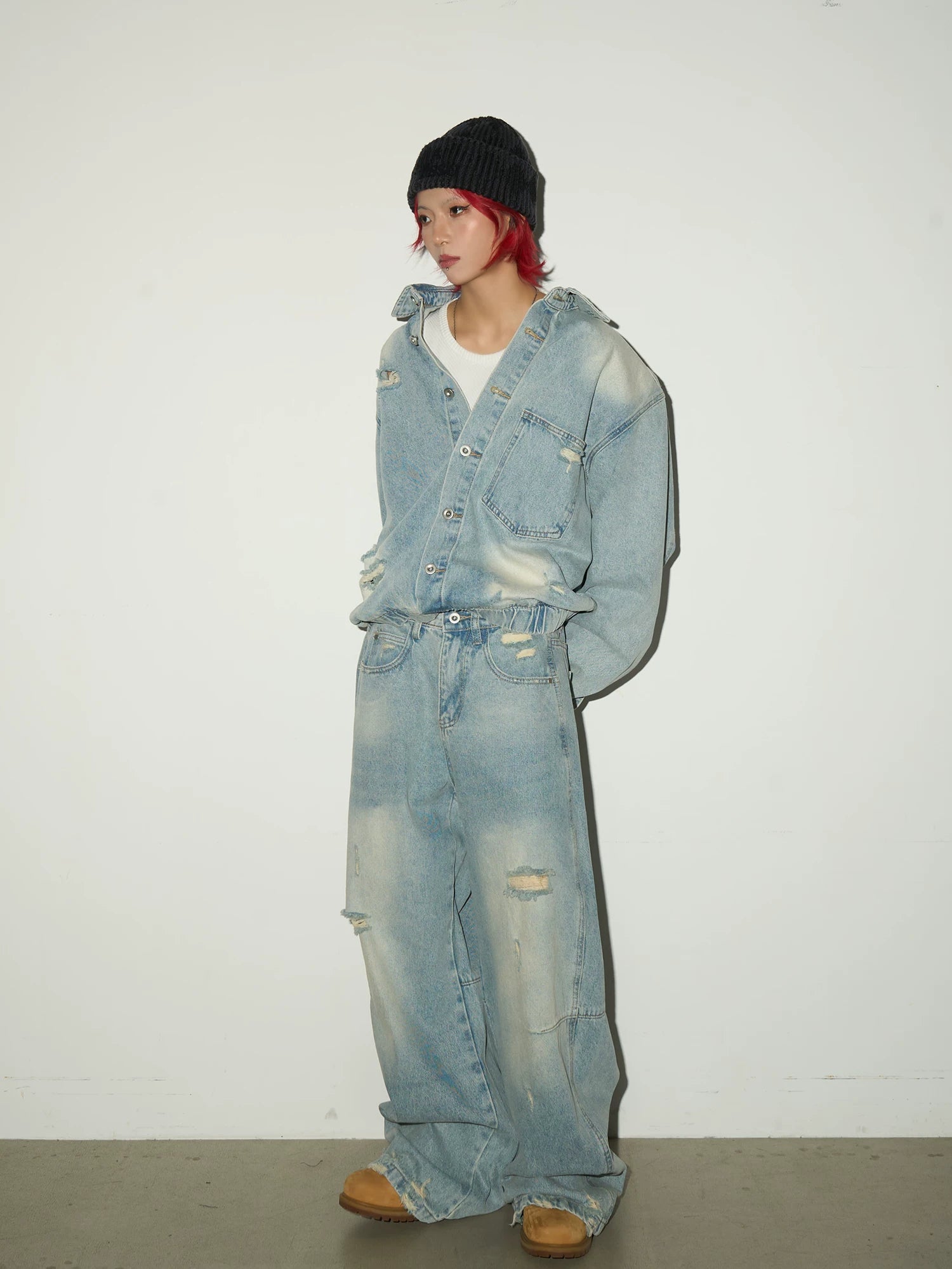 Ripped Damage Denim Jacket &wide Leg Denim Jeans Setup