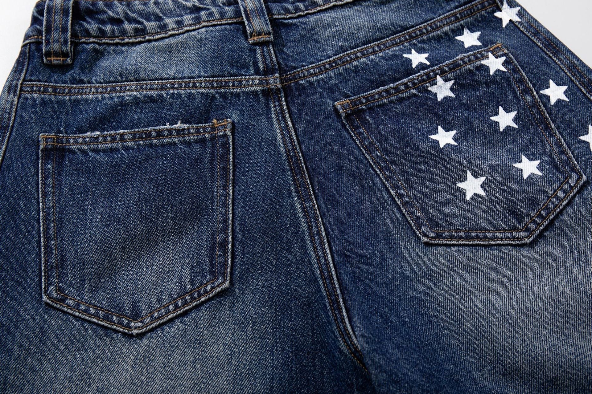 Star Print Curved Wide Leg Denim Jeans