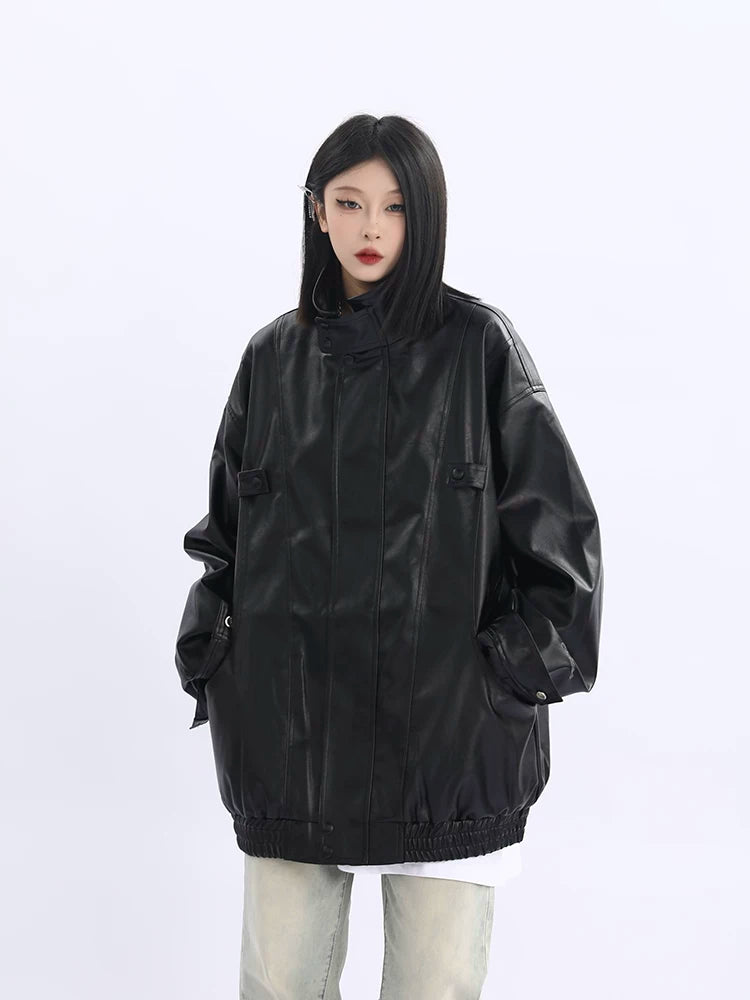 Oversized Standing-Collar PU Leather Jacket