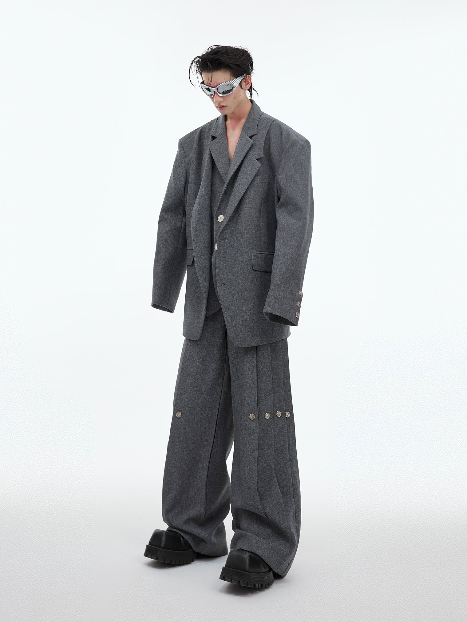 Double-layer Design Oversize Tailored Jacket & Wide Leg Pleats Trousers Setup