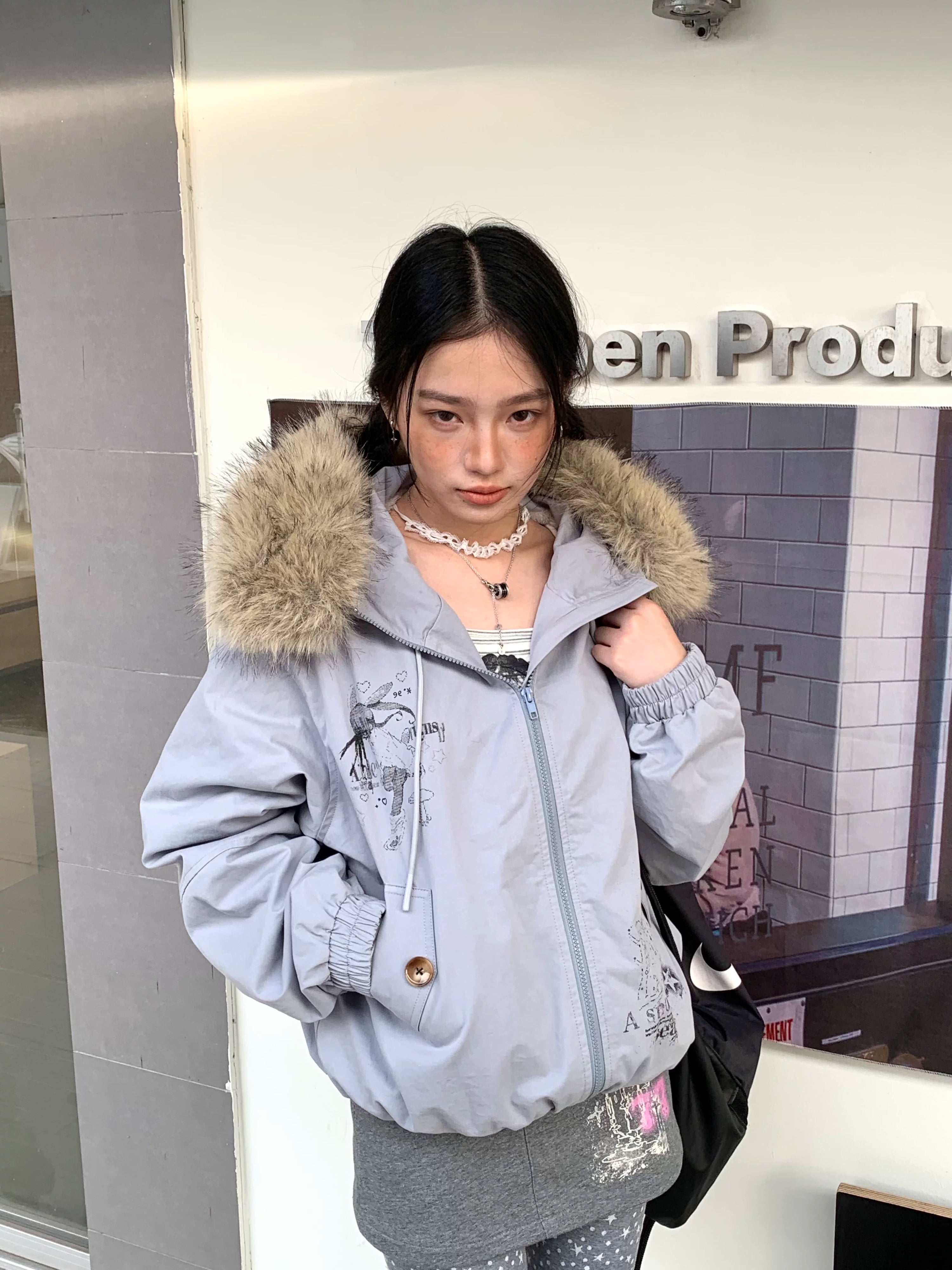 Fake Fur Trim Graphic Print Oversize Hooded Jacket