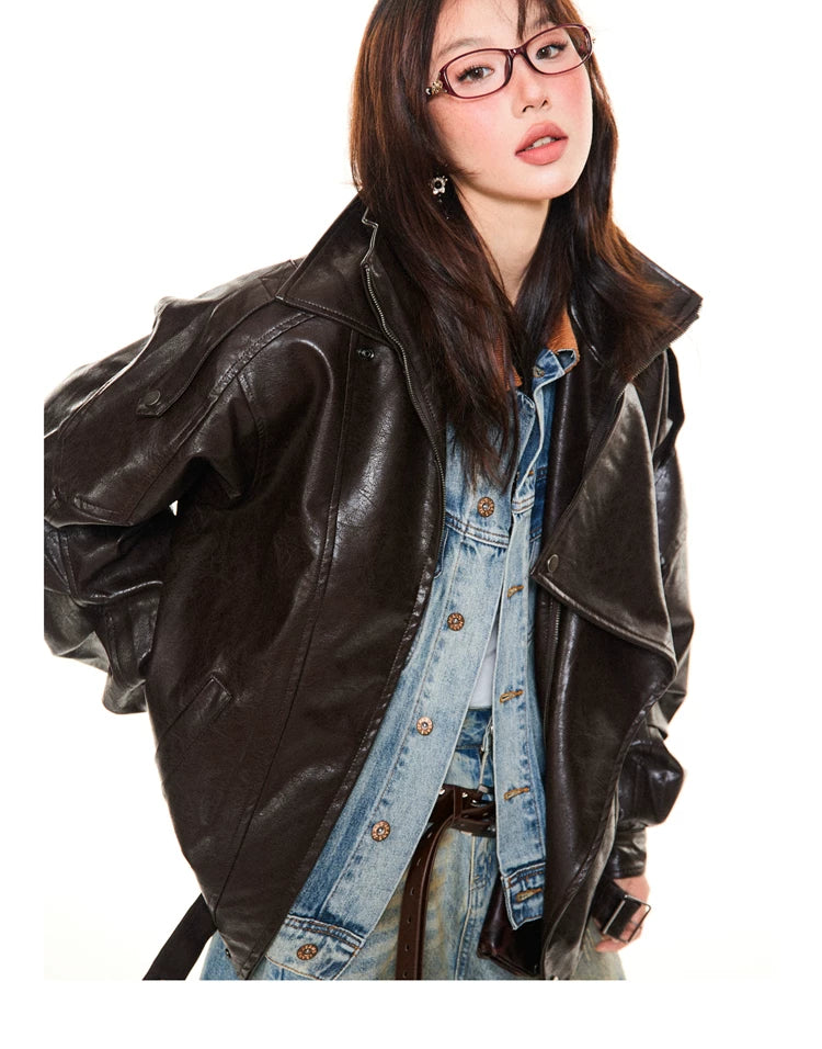 Asymmetrical Stand Collar PU Leather Jacket