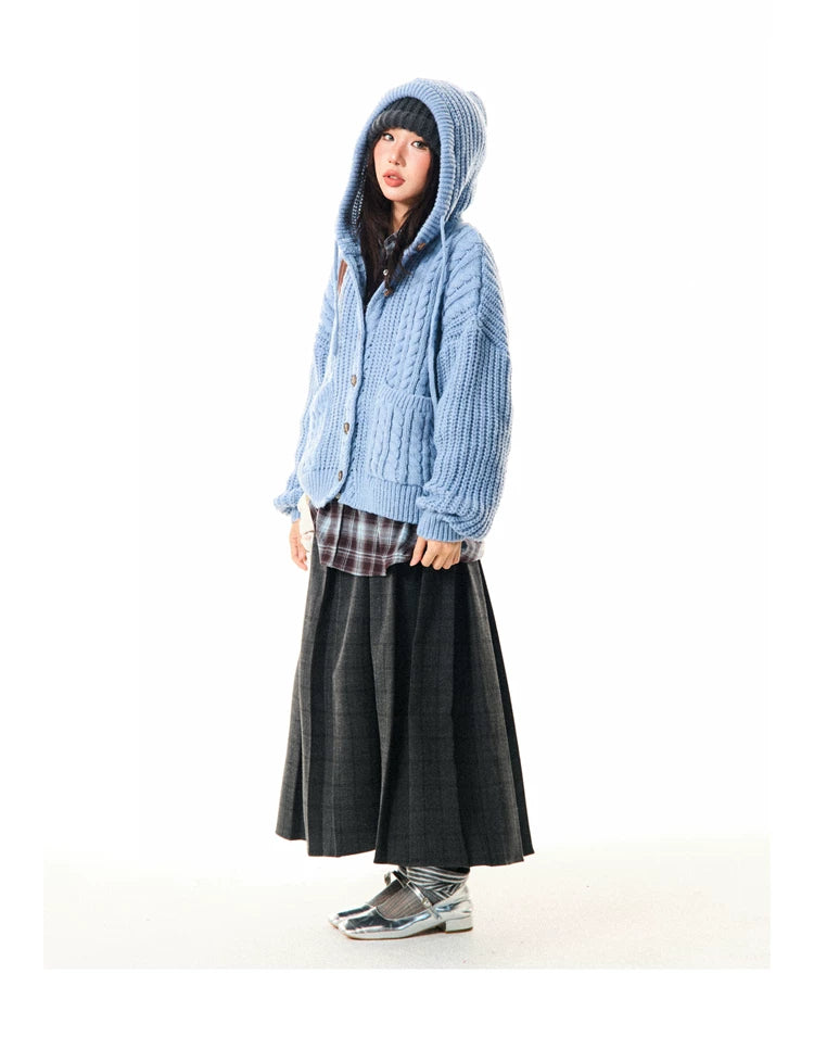 Hooded Button Oversize Cable Knit Cardigan