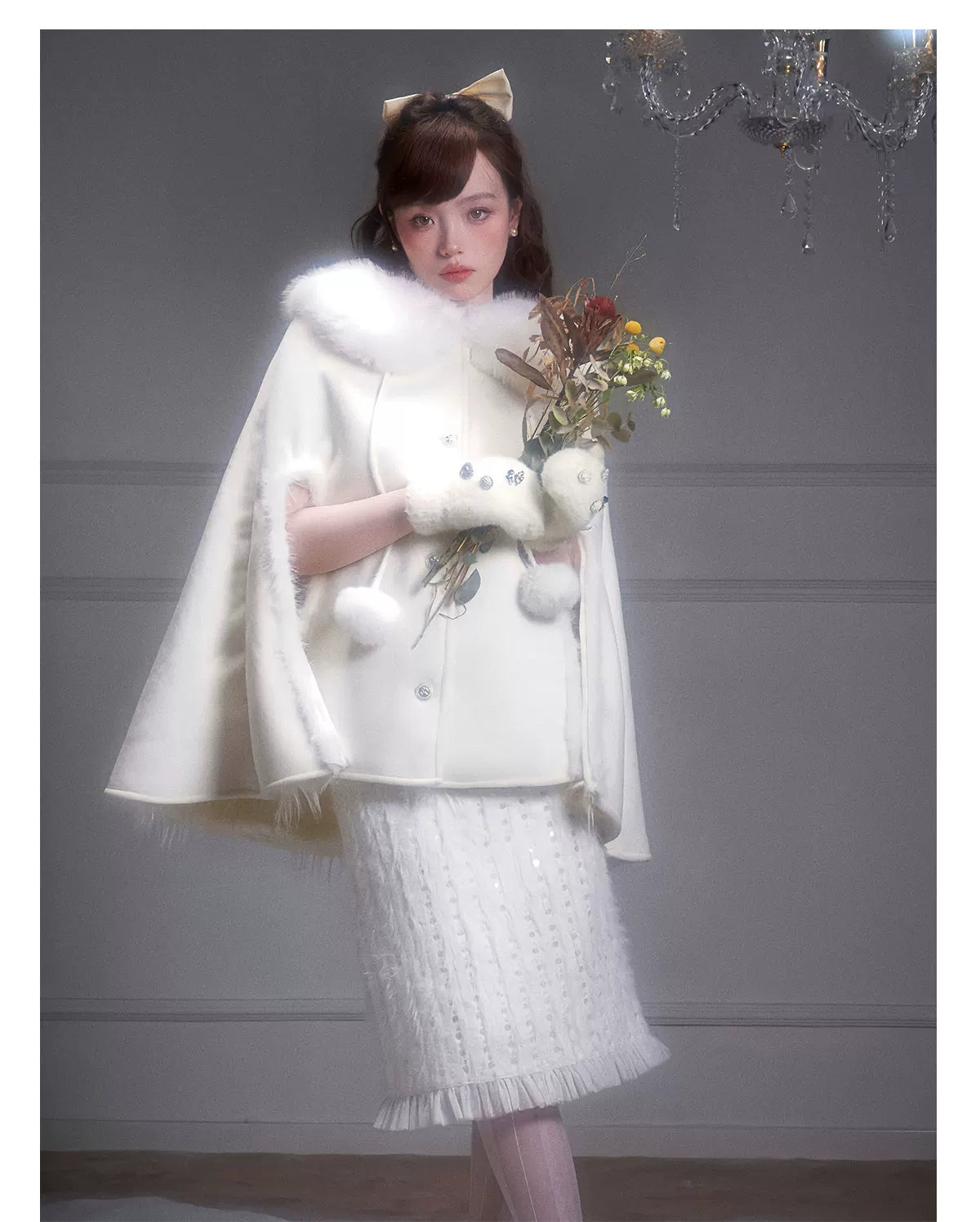 Eco Fur Warm Jacket & Short Skirt & Long Skirt Setup