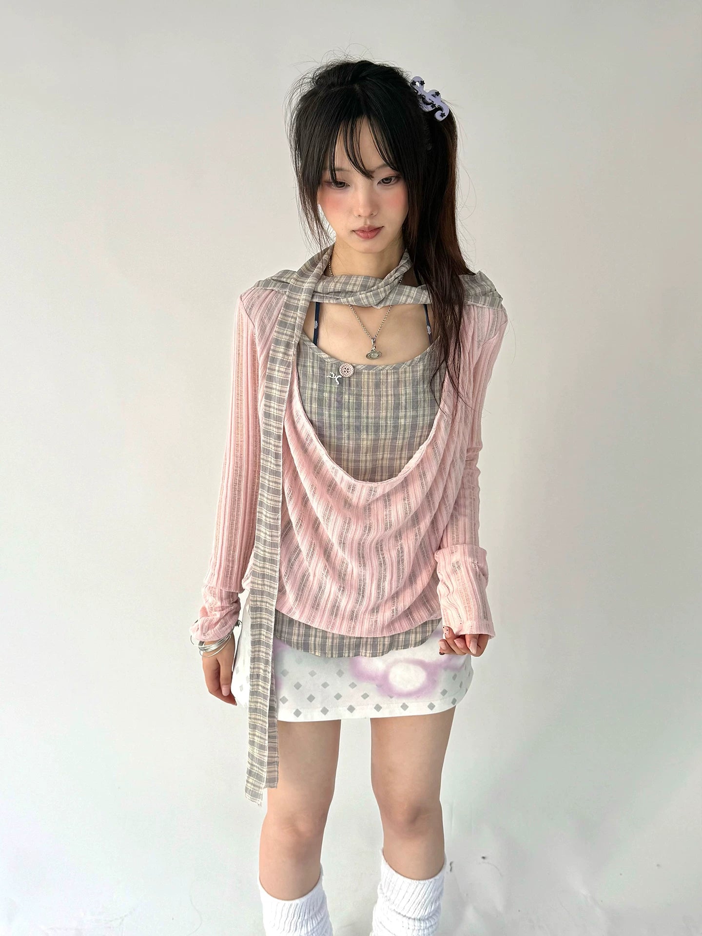 Plaid Ripped Fake Layered Long Sleeve T-Shirt