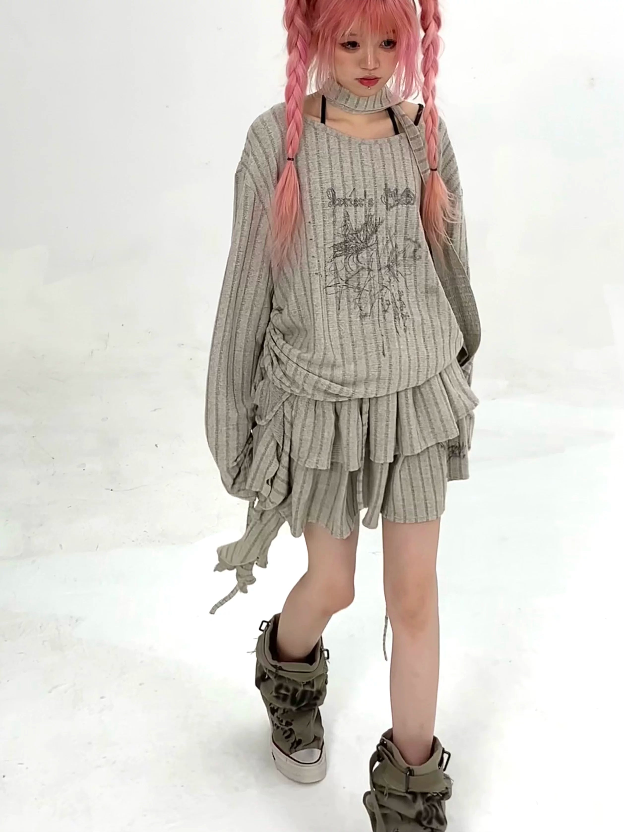 Ribbed Letter Print Strap Detail Oversize Knit Sweater
