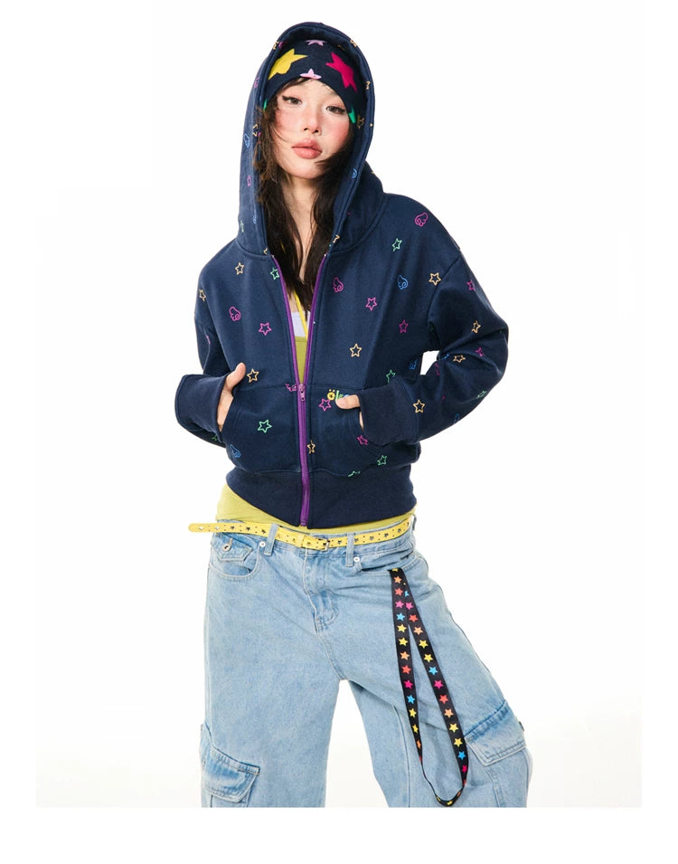 Star Print Fleece Zipper Hoodie
