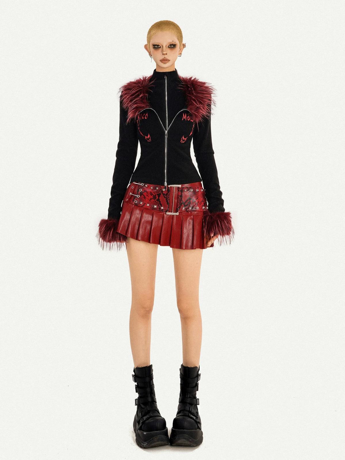 Fake Layered Double Zipper Flame Fake Fur Collar Knit Cardigan